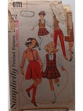 Simplicity 6111 Girls Vintage Sewing Pattern For Jumper Blouse Skirt & Slacks
